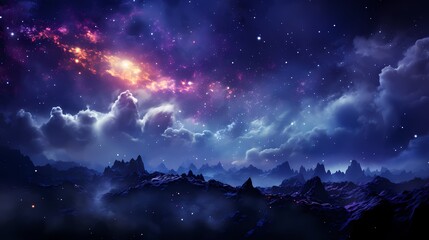 A surrealistic indigo purple galaxy with sparkling stars, forming intricate celestial patterns against a cosmic backdrop