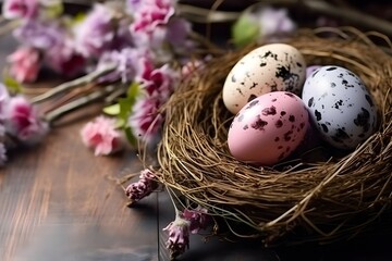 Obraz premium A nest adorned with colorful Easter eggs painted in soft pastel color, surrounded by blossoming flowers on a dark wooden surface