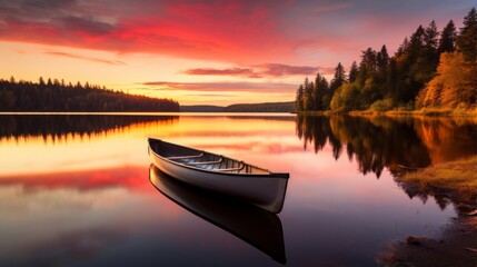 Tranquil lake with a rowboat as the sun sets in a blaze of colors