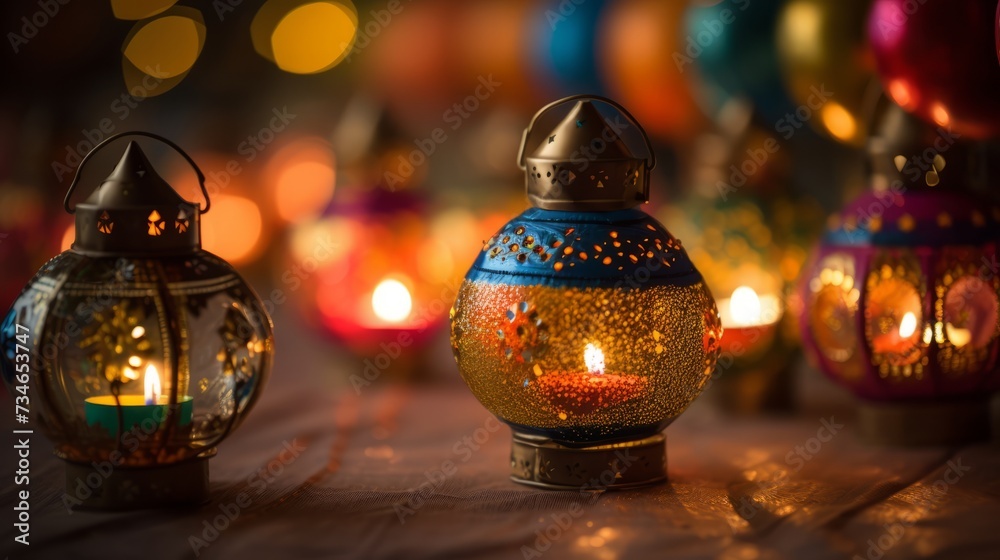 Poster Diwali decorations with glowing lanterns