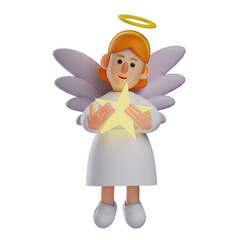  3D illustration. Cute 3D Angel character design holding a big star. with a happy smile. in a strange pose. 3D Cartoon Character