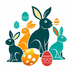 Easter bunnies with eggs and bunny decorated with flowers. Happy Easter. Generated AI
