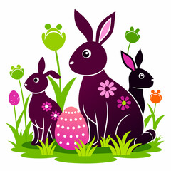 Obraz premium Easter bunnies with eggs and bunny decorated with flowers. Happy Easter. Generated AI 