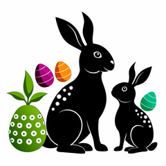 Easter bunnies with eggs and bunny decorated with flowers. Happy Easter. Generated AI
