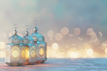 Decorative silver and blue Arabic lanterns on a table with sparkling bokeh lights. Greeting card for the Muslim community of the holy month of Ramadan Kareem - generative ai