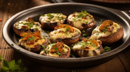 Fototapeta premium Grilled mushroom caps with melted cheese, a savory bbq option