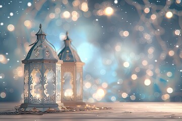Decorative silver and blue Arabic lanterns on a table with sparkling bokeh lights. Greeting card for the Muslim community of the holy month of Ramadan Kareem - generative ai