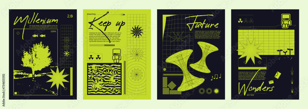 Poster black and green poster design template in retro y2k style with grid and bitmap abstract shapes and t