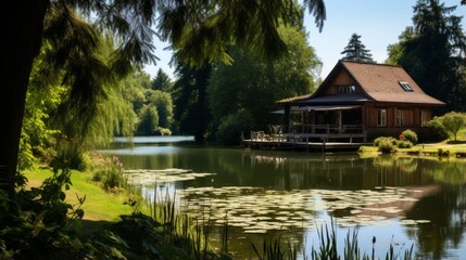 Fototapeta premium Pension by a tranquil lake with opportunities for fishing and canoeing