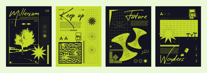 Black and green poster design template in retro y2k style with grid and bitmap abstract shapes and typography. Vector banner in 90s and 00s aesthetic with wireframe figure. Minimal vintage composition
