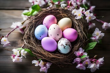 Fototapeta na wymiar A nest adorned with colorful Easter eggs painted in soft pastel color, surrounded by blossoming flowers on a dark wooden surface