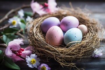 Naklejka na ściany i meble A nest adorned with colorful Easter eggs painted in soft pastel color, surrounded by blossoming flowers on a dark wooden surface