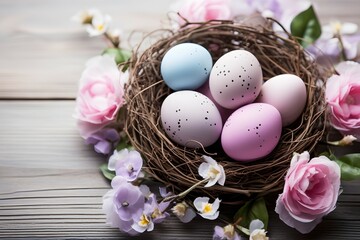 A nest adorned with colorful Easter eggs painted in soft pastel color, surrounded by blossoming flowers on a dark wooden surface