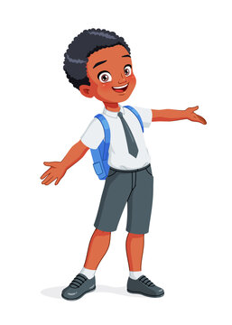 African American school boy greeting with wide open arms. Cartoon vector illustration.