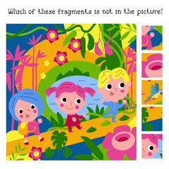 Which of these fragments is not in picture. Find all fragments. Child Game. Activities, vector illustration. Children in jungle. 