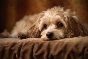 Naklejka na ściany i meble adorable dog relaxing on cozy fabric. Generative AI