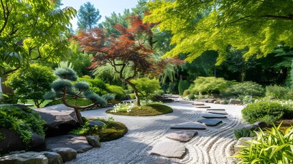 Zen garden landscape: a harmonious garden idyll with a Zen garden, a natural oasis of relaxation and tranquillity in the midst of nature