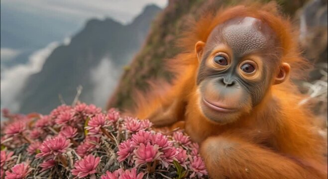 orangutan on a rock at the top of a mountain footage