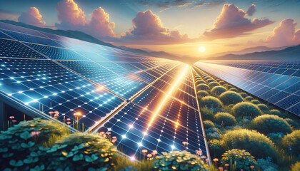 Renewable energy: Photovoltaic panels in serene landscape with vibrant sky - obrazy, fototapety, plakaty