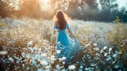 Fotobehang Woman in blue dress standing in field of wildflowers. © PSCL RDL