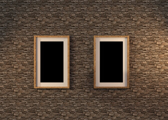 3D Vintage wooden frame on stone wall