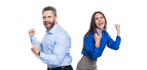 Obraz premium Businesspeople having fun. Business success celebration and fun. Business corporate party after successful deal. Successful businesspeople celebrate deal isolated on white. CEO and boss