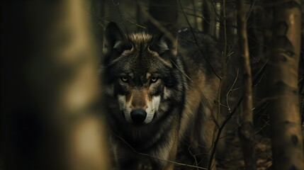 Portrait of wolf in the woods. Forest wildlife concept.