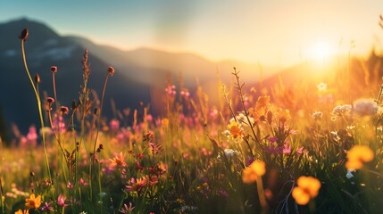 Wildflowers in Mountain Meadow at Sunset - Scenic landscape in high mountain meadow with mountain vista at sunset with warm light - obrazy, fototapety, plakaty