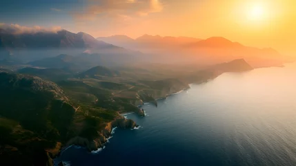 Fototapete Rund Wide angle aerial view of Mediterranean and mountainous landscape at sunrise © PSCL RDL