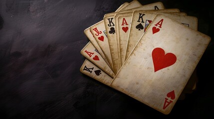 Vintage playing cards on dark background, classic poker hand. elegance in gambling. a touch of nostalgia. perfect for casino themes. AI