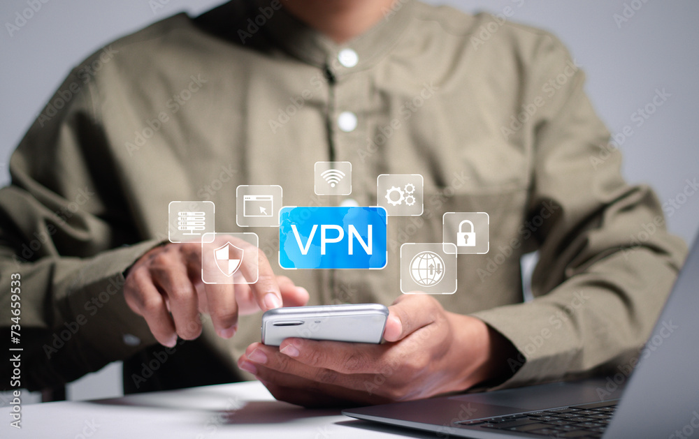 Wall mural vpn virtual private network protocol concept, person using smartphone and laptop with vpn icon for c