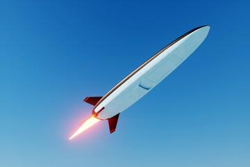 Fototapeta premium Hypersonic warfare missile flies against the blue sky . Concept war, assassination, conflict, politics, new generation weapons, superpowered weapons. Copy space, 3D illustration, 3D rendering.