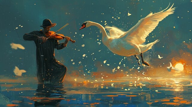 Produce an image where the contours of a musician playing a violin meld harmoniously with the graceful flight of a soaring swan