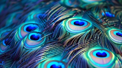Vivid peacock feathers display a mesmerizing pattern, their iridescence shimmering in an enchanting blue hue
