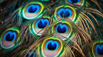 Fototapeta premium Vivid peacock feathers display a mesmerizing pattern, their iridescence shimmering in an enchanting blue hue