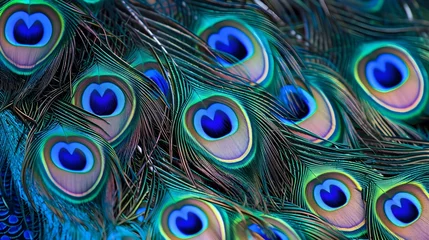Wandaufkleber Vivid peacock feathers display a mesmerizing pattern, their iridescence shimmering in an enchanting blue hue © PSCL RDL