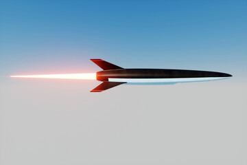Hypersonic warfare missile flies against the blue sky . Concept war, assassination, conflict, politics, new generation weapons, superpowered weapons. Copy space, 3D illustration, 3D rendering.