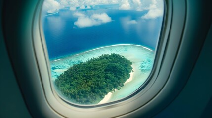 Naklejka premium View of a tropical island from the plane porthole.