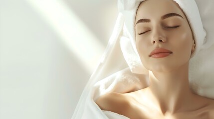 Fototapeta premium Serene beauty basking in sunlight, woman enjoying a peaceful moment. perfect for wellness and spa themes. AI