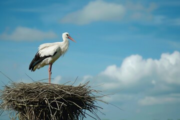 White stork stands in nest against background of blue cloudy sky on sunny summer day