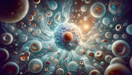 Foto op Aluminium Hopeful Surrealism: Grand-scale white blood cell symbolizing AML, surrounded by ethereal landscape and delicate orbs. © Kylan