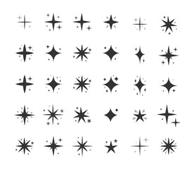 Sparkling Stars Collection Black and White. Cartoon Decorative Sparkles. Vector Illustration of Cute Shiny Glittering Twinkles.