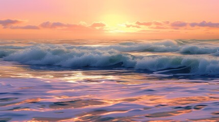 Fototapeta premium Sunset Tide: The last rays of sunlight kiss the ocean's frothy waves, a soft glow on the horizon bidding the day farewell.