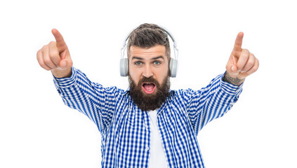 Naklejka premium Bearded man isolated on white. Guy listen audio. Millennial hipster man listen to music in headphones. Music concept. Generation z lifestyle. Man listening audio in music headphones. Dj
