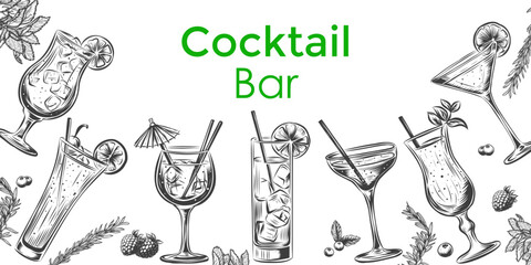 Vector design with hand drawn alcoholic drinks illustration. Vintage beverages sketch background in engraving style. Retro menu template for cafe or restaurant. Different cocktails in glasses
