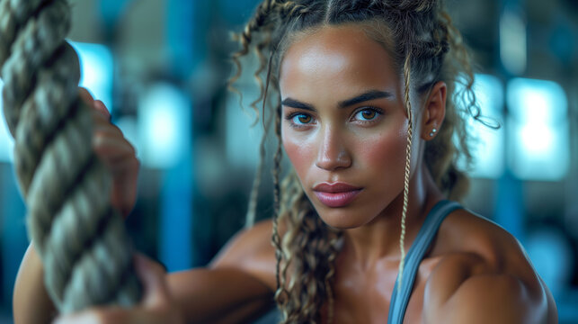 Cute young woman in workout studio, doing crossfit high intensity workouts.