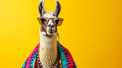 Fototapeten lama dressed in hippy clothes on yellow background © Emma