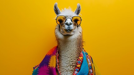 Fototapeta premium lama dressed in hippy clothes on yellow background