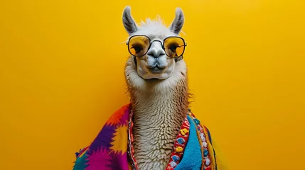 Foto op Canvas lama dressed in hippy clothes on yellow background © Emma