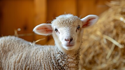 Portrait of lovely lamb staring at the camera in cattle barn